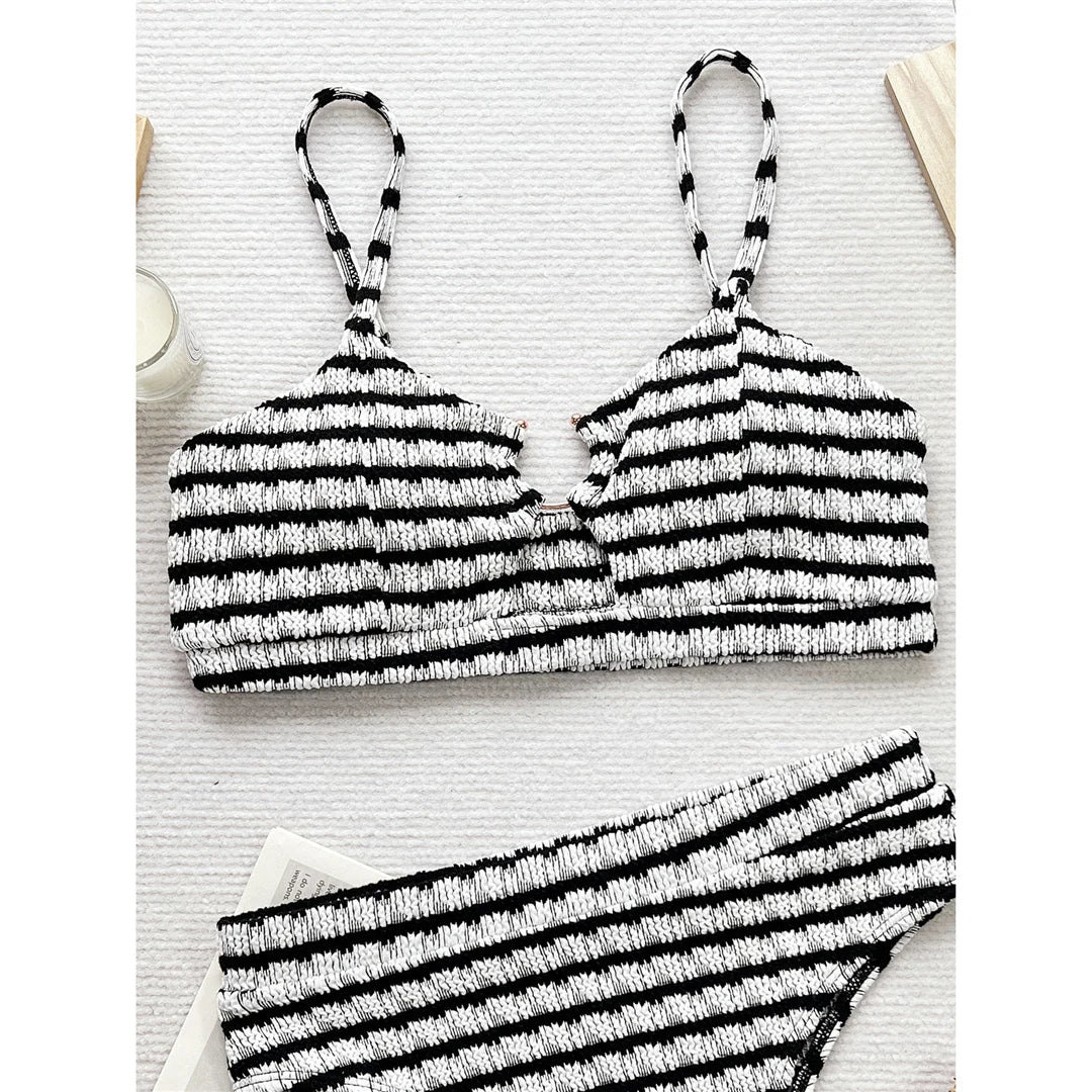 Black White Striped High Waist Bikini