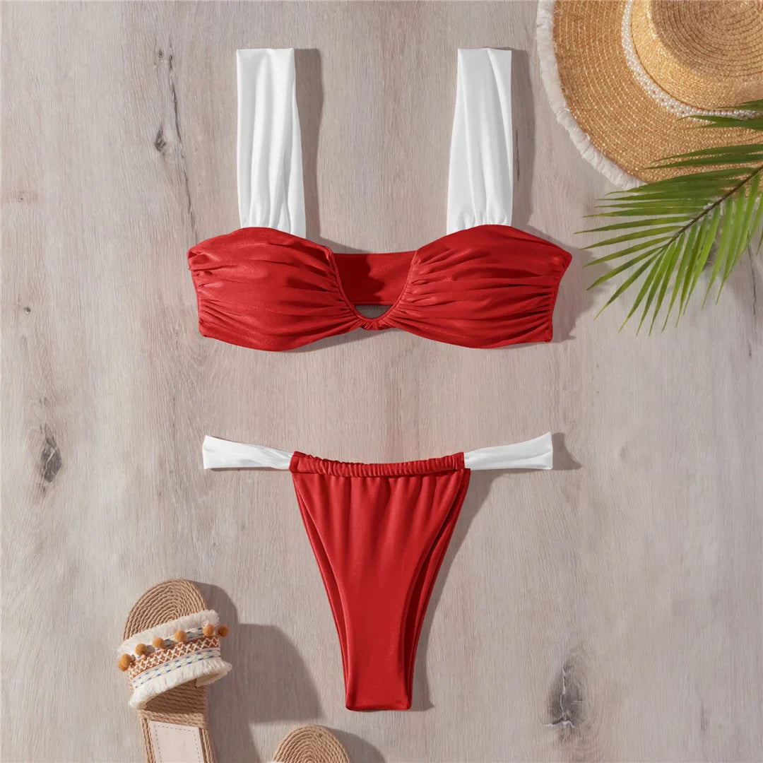 Wrinkled V Neck High Leg Bikini Set Red
