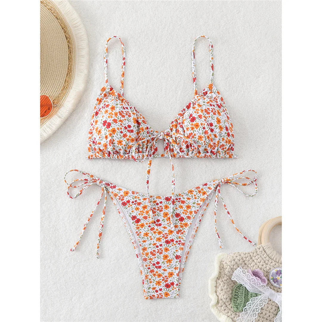 Floral Printed High Leg Bikini Orange Flowers