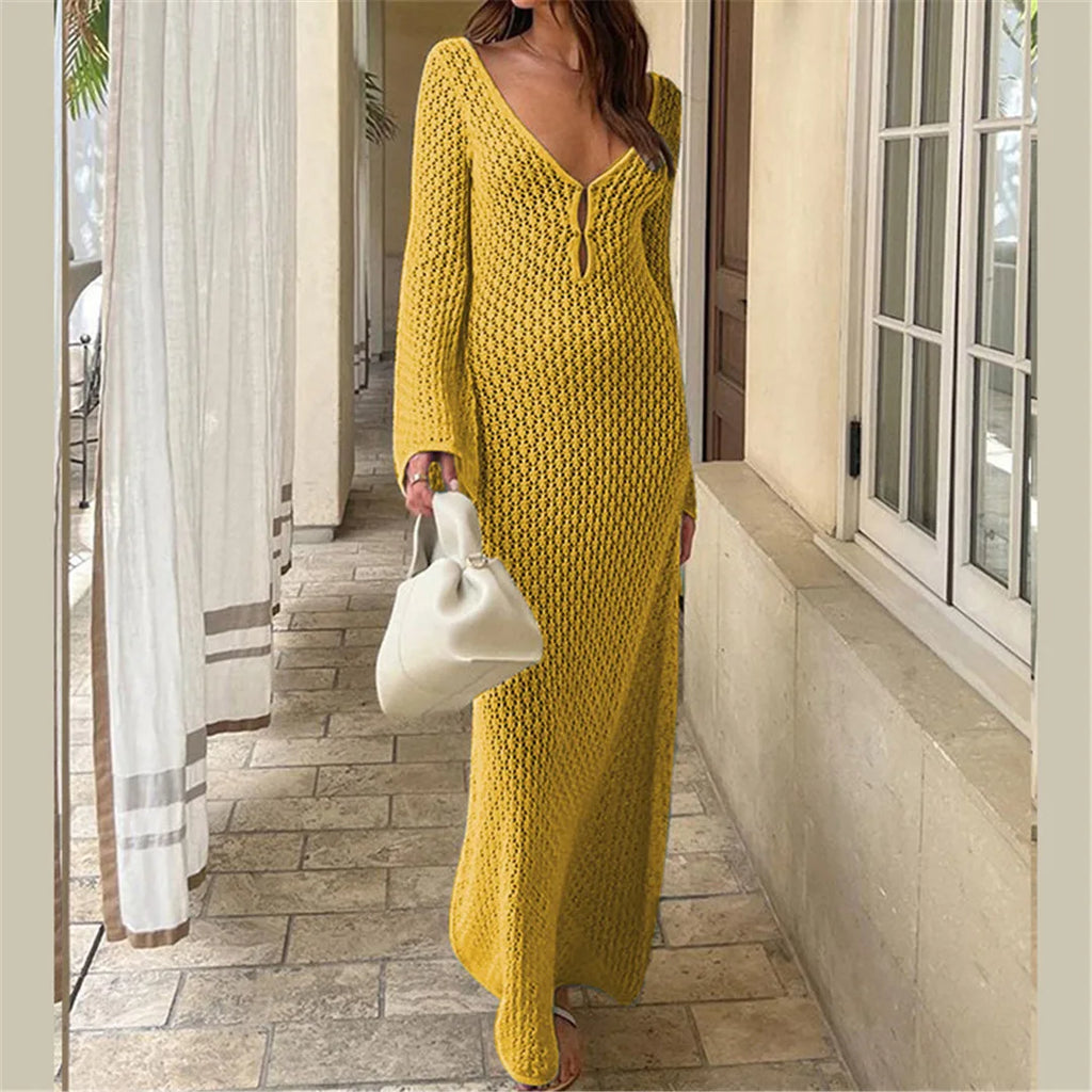 Crochet V-Neck Beach Tunic Yellow