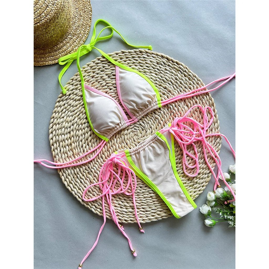 Splicing Halter Scrunch Bikini Beige