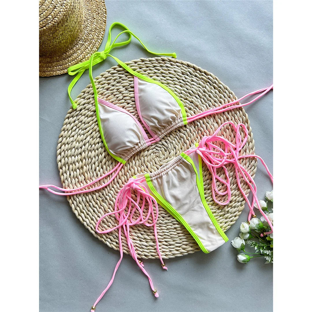 Splicing Halter Scrunch Bikini Beige
