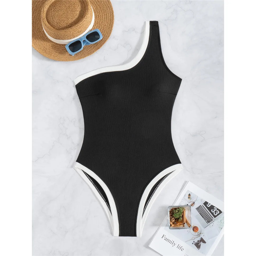 One Shoulder Ribbed Swimsuit Black