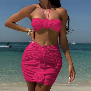 3D Flower Brazilian Bikini Hot-Pink
