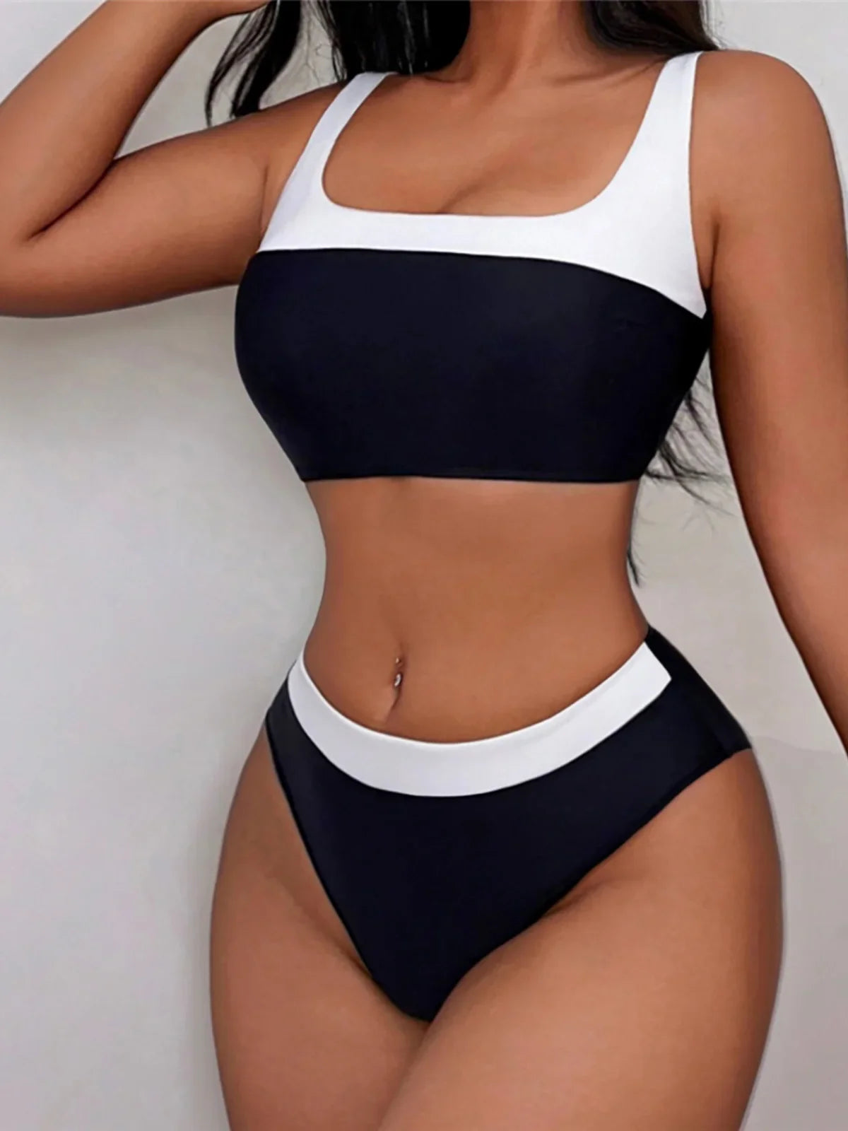 Splicing Mid Waist Bikini Set Black White