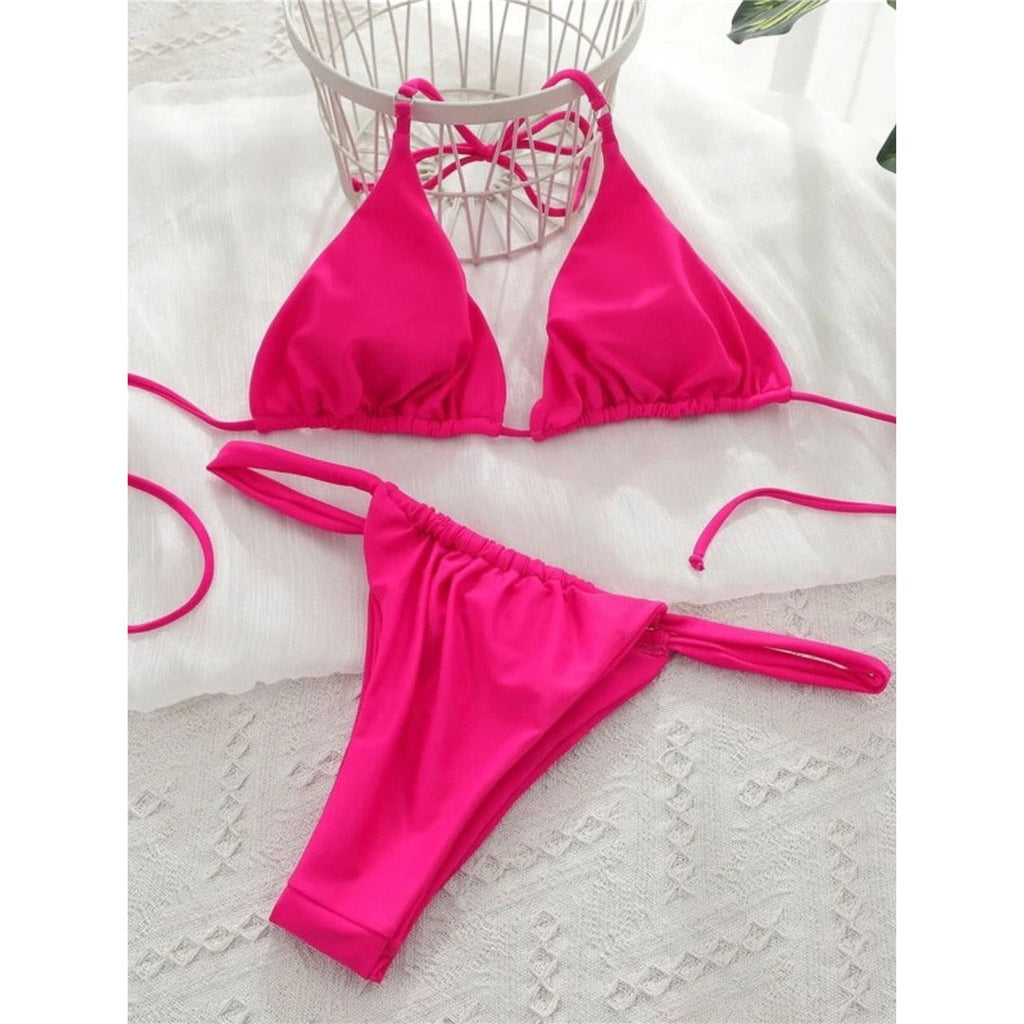 Wrinkled High Cut Thong Bikini Hot Pink