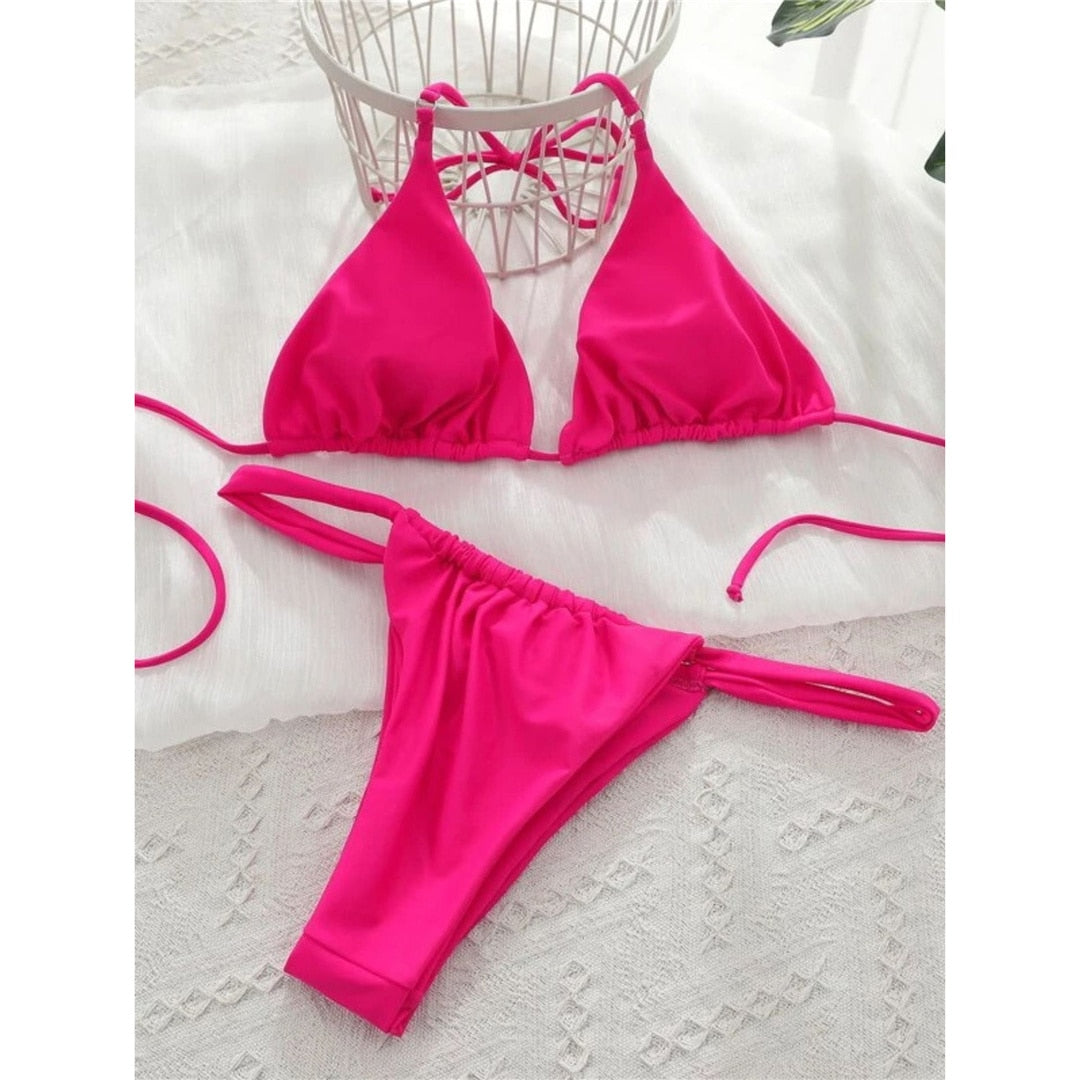 Wrinkled High Cut Thong Bikini Hot Pink