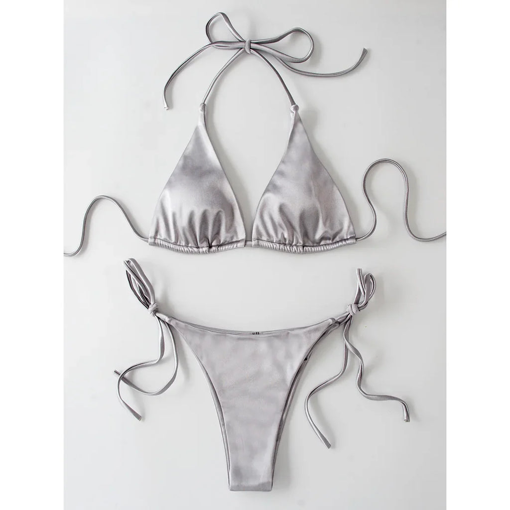 Satin Halter Brazilian Bikini Set Silver Gray