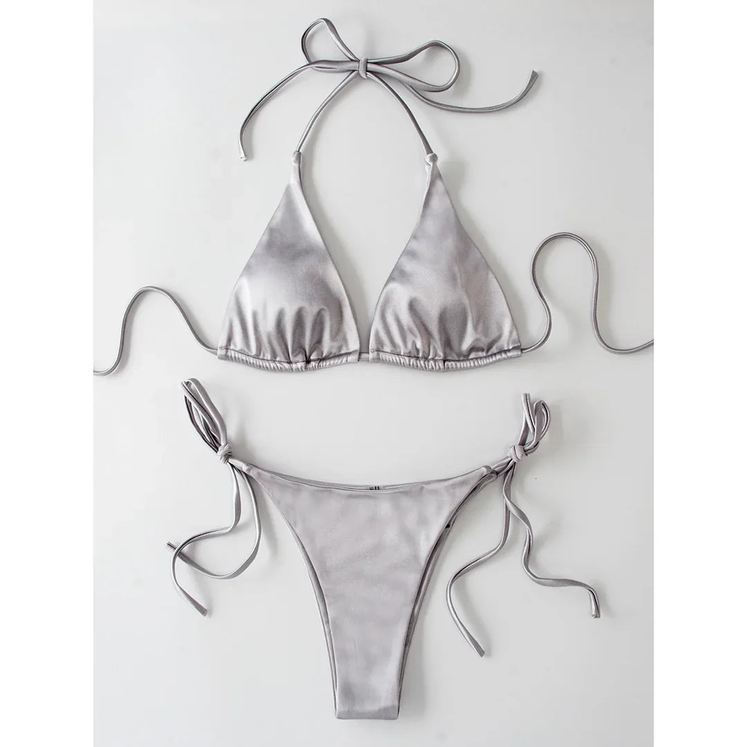 Satin Halter Brazilian Bikini Set Silver Gray