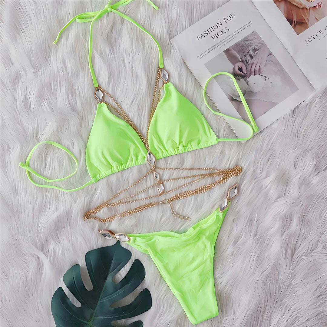 Rhinestones Halter Ring Bikini