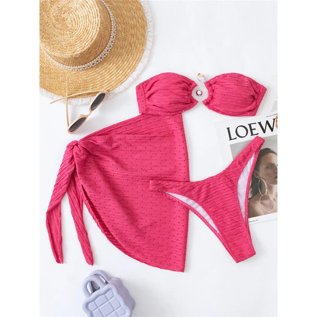 Bandeau Hollow Out Bikini with Sarong