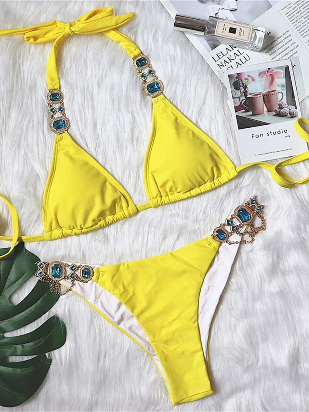 Jeweled Diamond Rhinestone Bikini Yellow