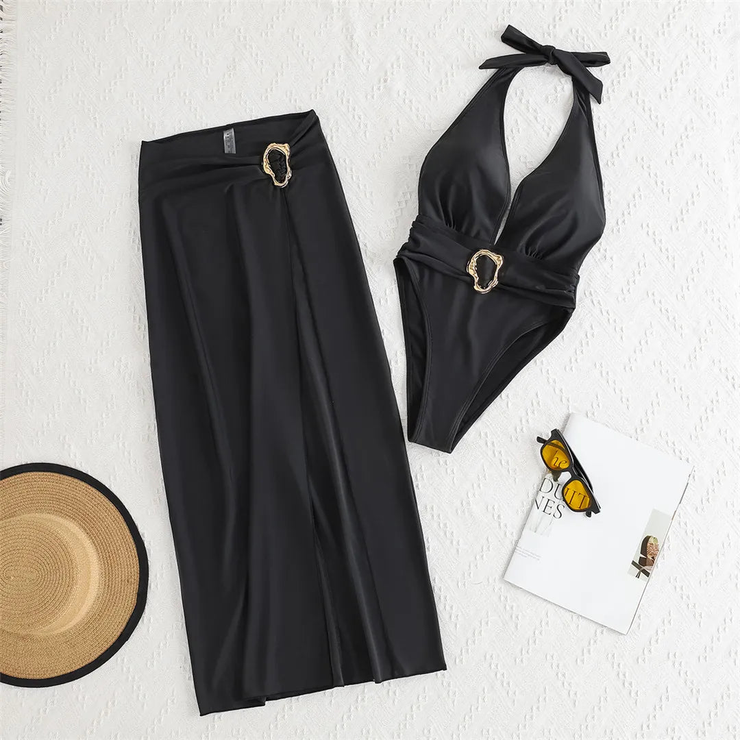 Deep Halter Swimsuit Skirt Black