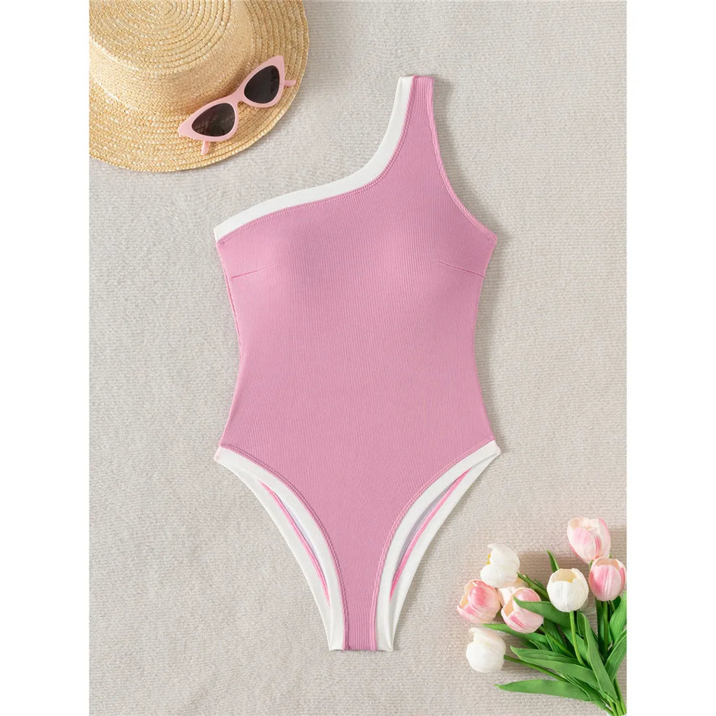One Shoulder Ribbed Swimsuit Pink