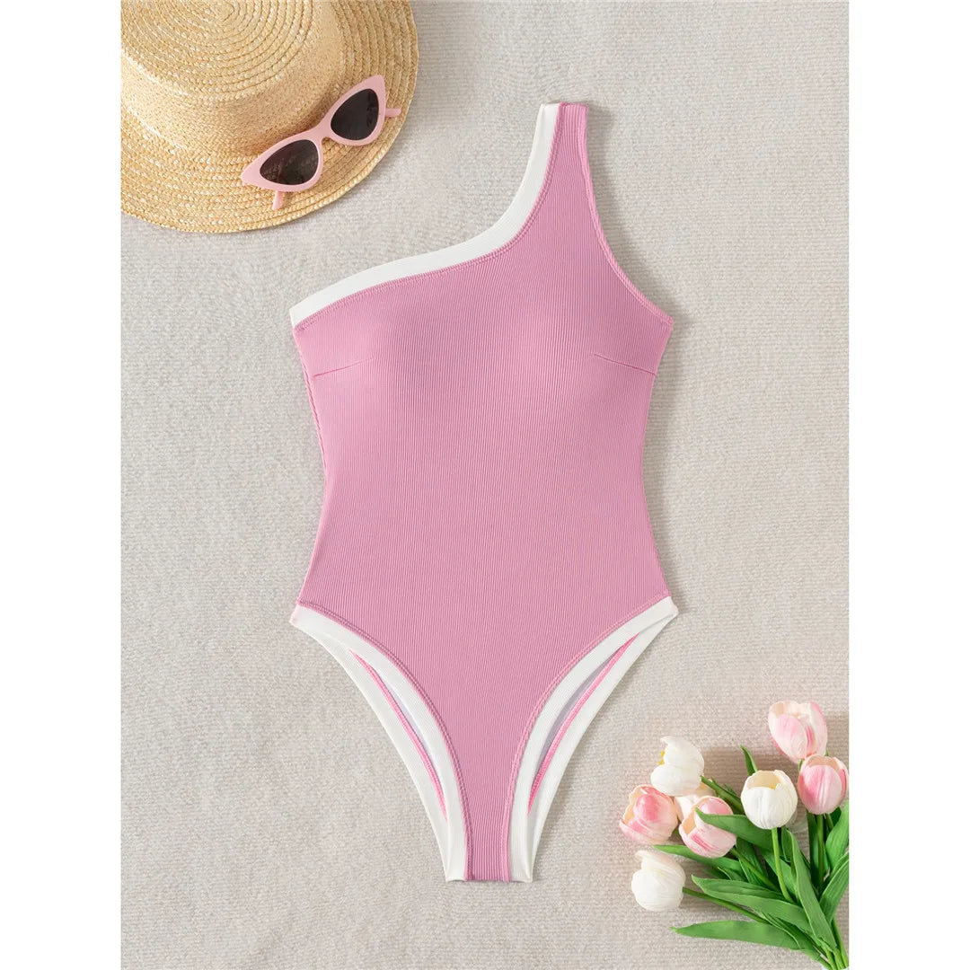 One Shoulder Ribbed Swimsuit Pink
