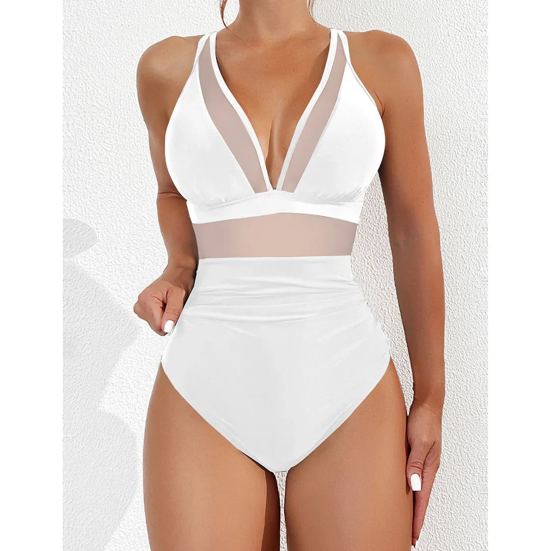 Mesh Leopard Print Monokini V-Neck
