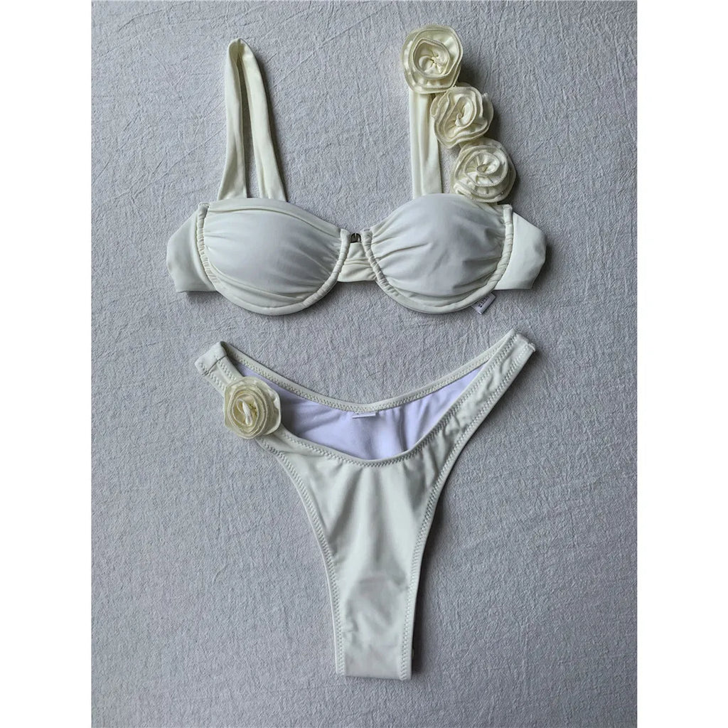 Flowers Underwired Brazilian Bikini Set Beige