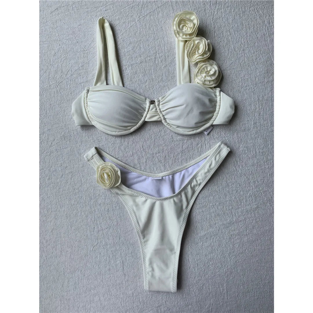 Flowers Underwired Brazilian Bikini Set Beige