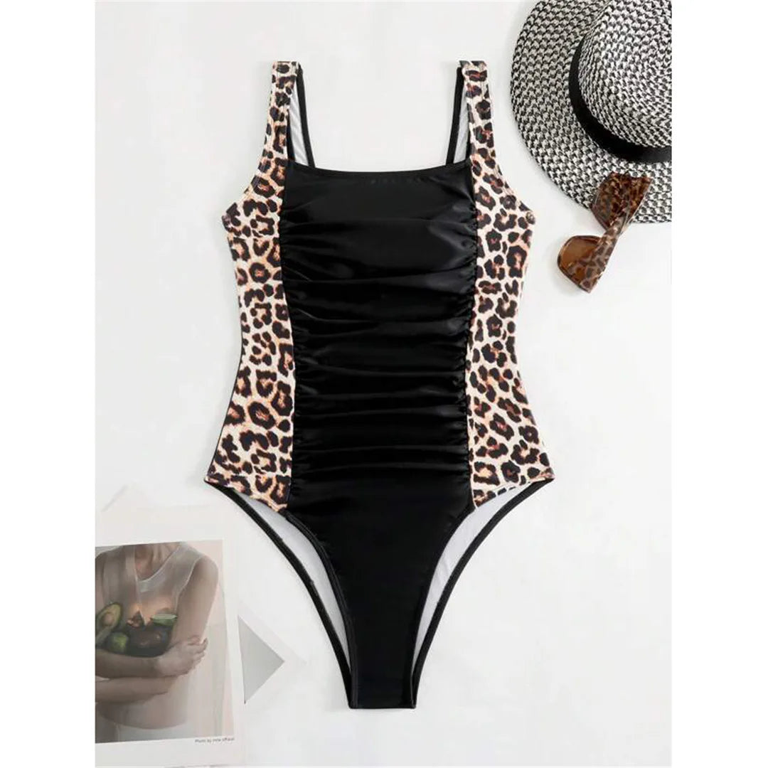 Leopard Splicing One Piece Swimsuit Black