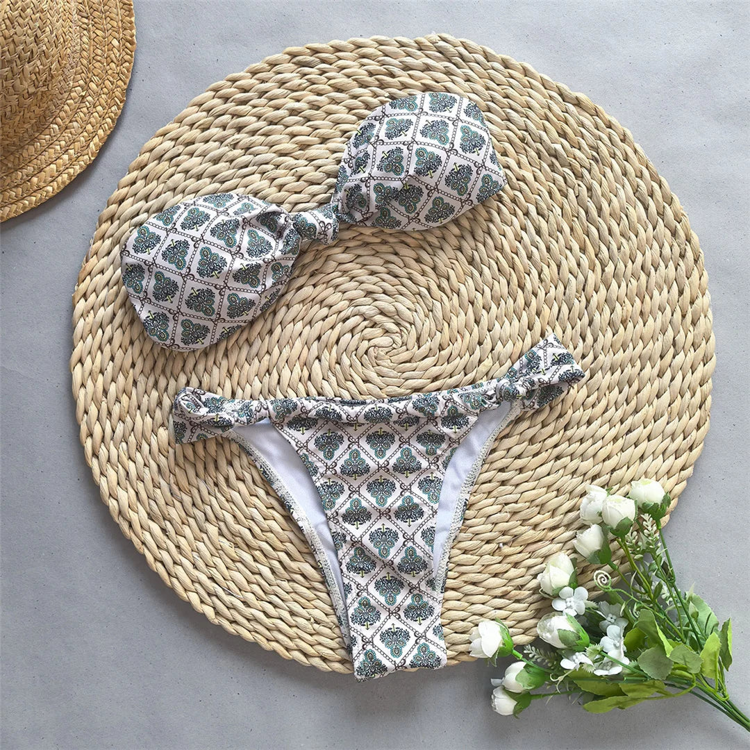 Printed Bandeau Knotted Bikini GRAY