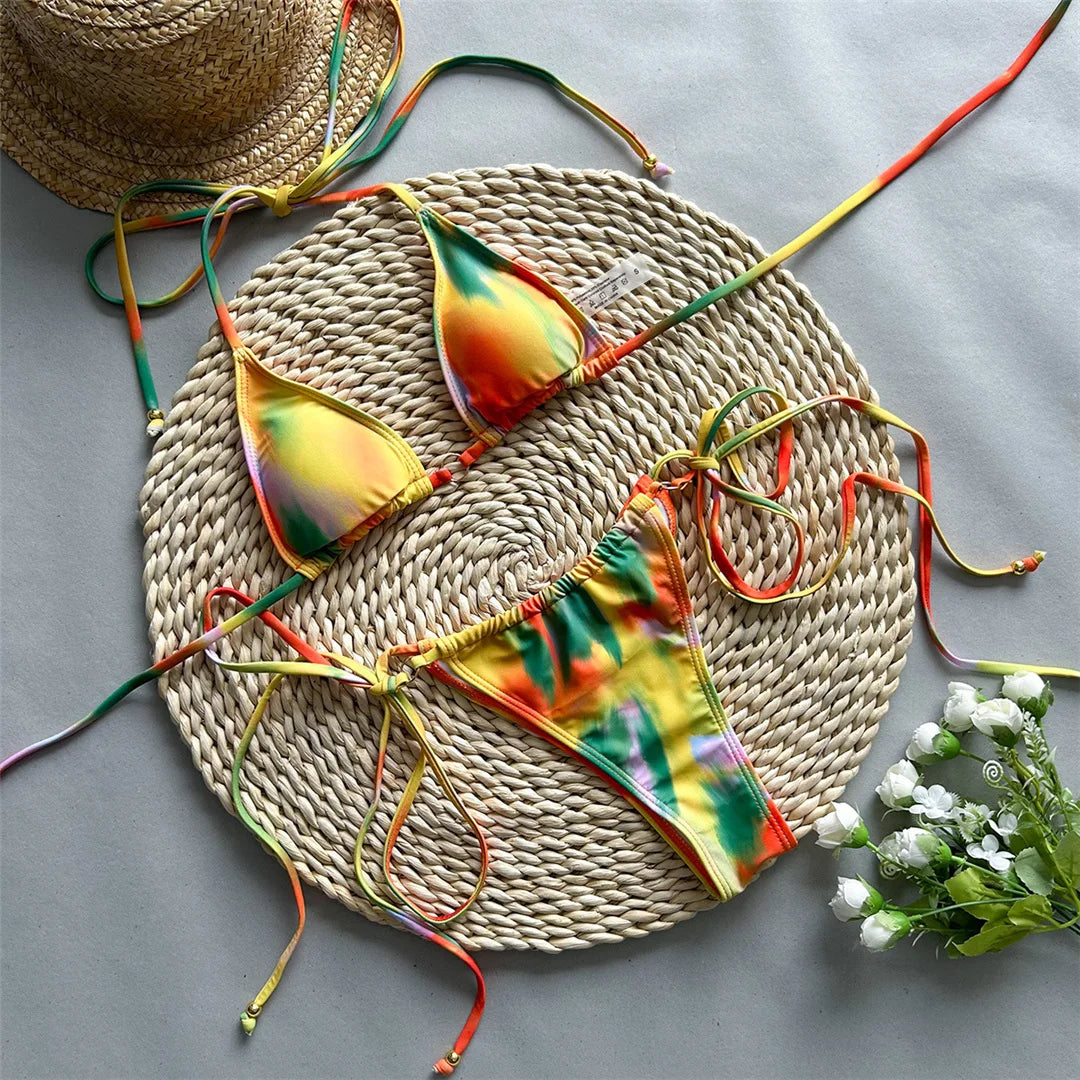 Printed Tie Dye Halter Bikini Orange Yellow Green