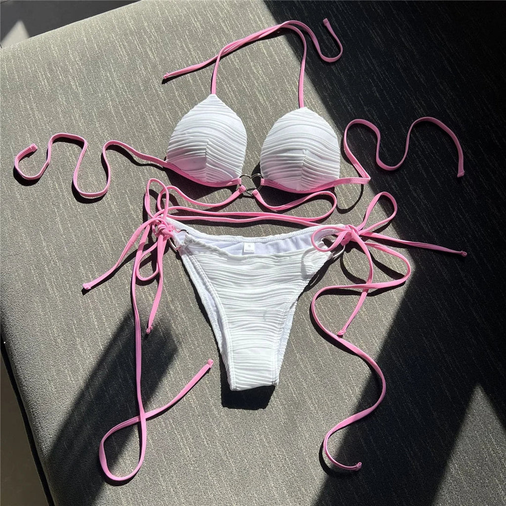 Wrap Halter Wrinkled Bikini Set White