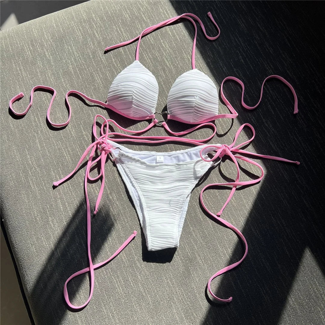 Wrap Halter Wrinkled Bikini Set White