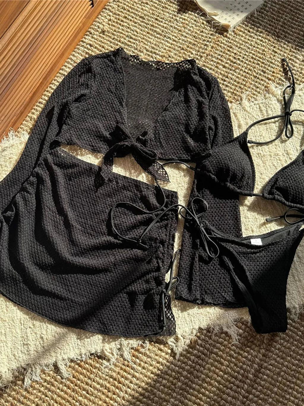Long Sleeve Halter Bikini Set Black