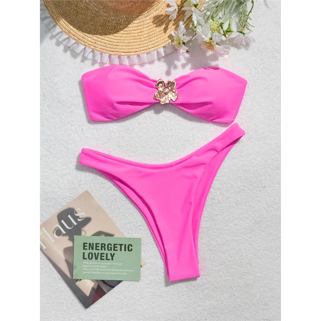 Metal Flower Bandeau Brazilian Bikini