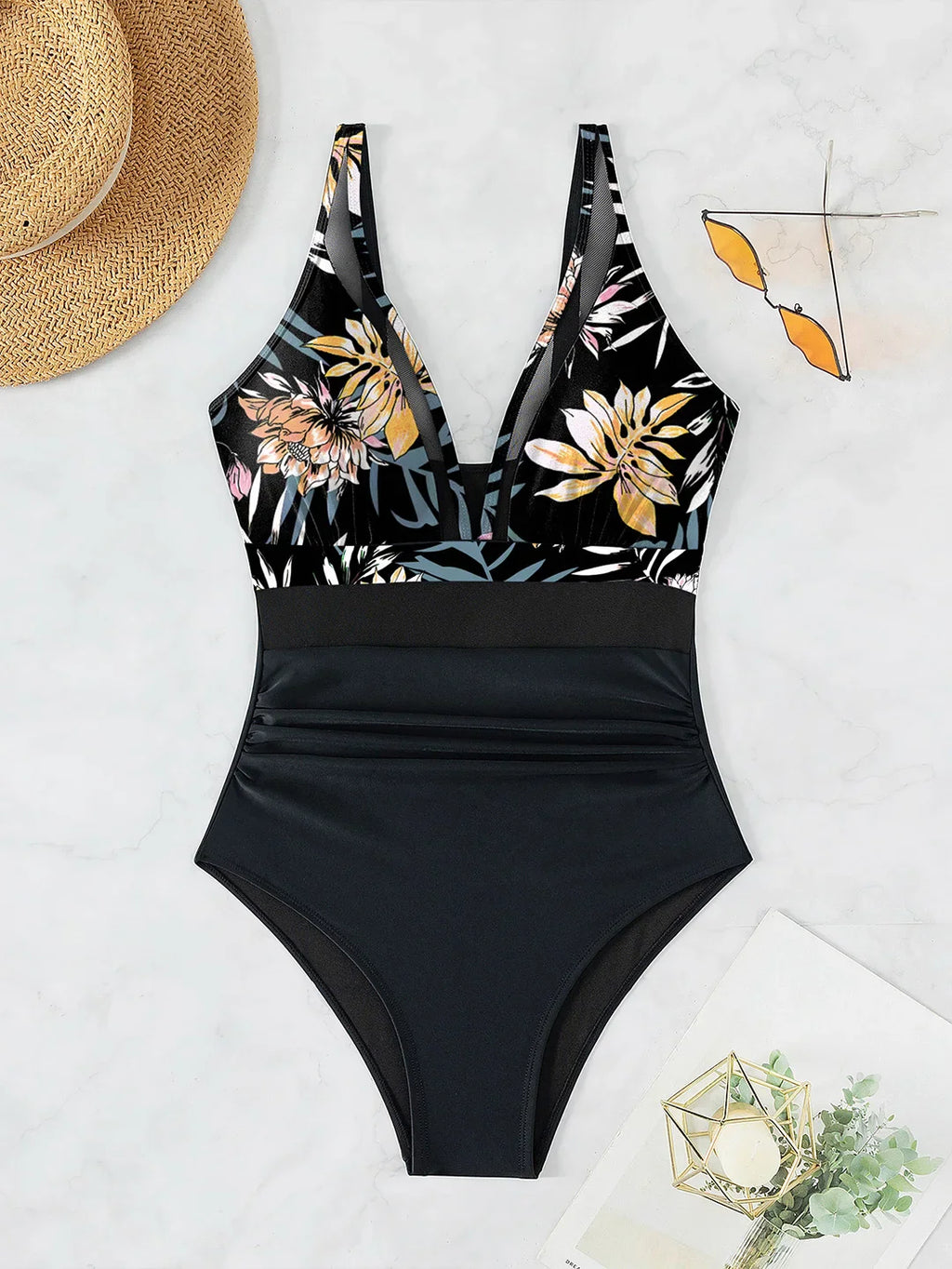 Mesh Leopard Print Monokini V-Neck Green Leaves
