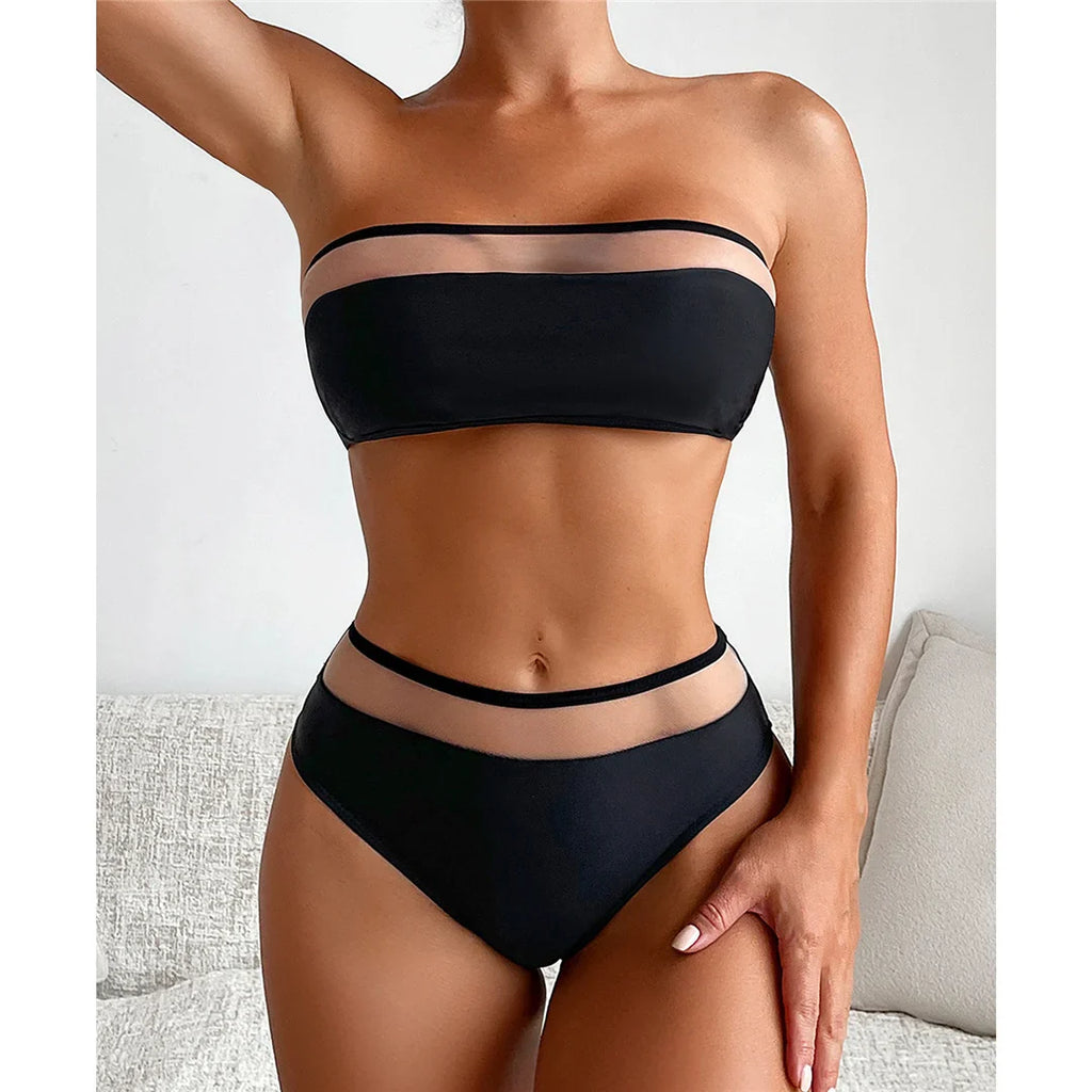 Bandeau Mesh Splicing Bikini Set