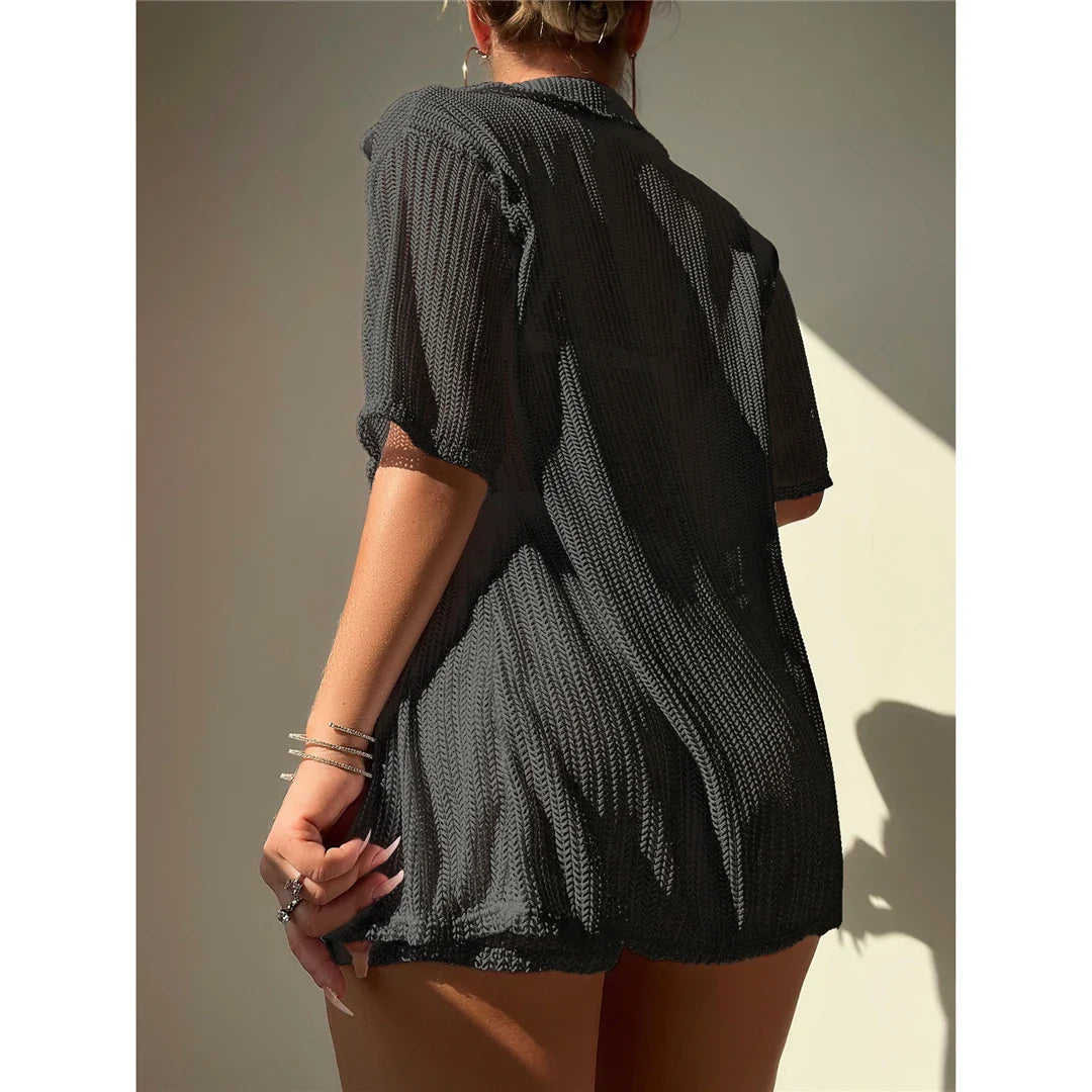 S-XL Short Sleeve Crochet Cover-Up