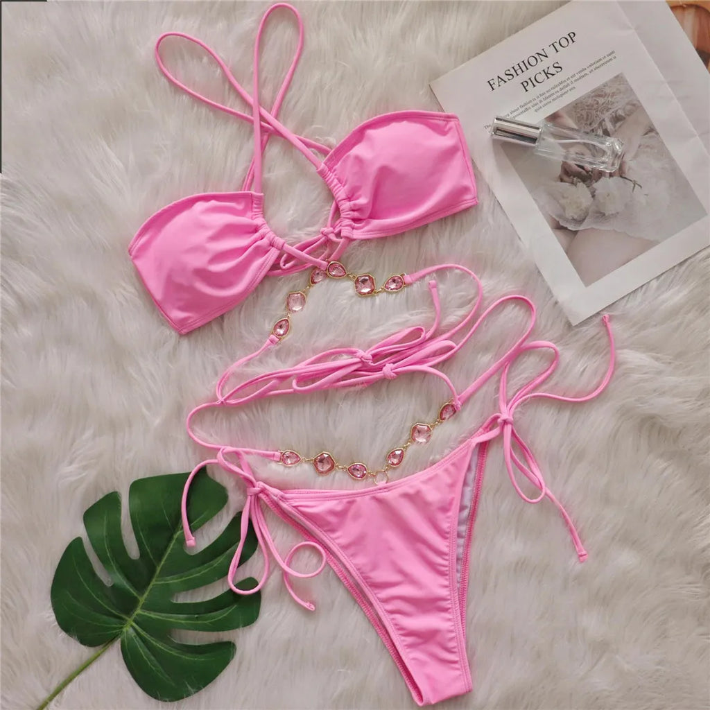 Rhinestone Wrap-Around Bikini Set Pink