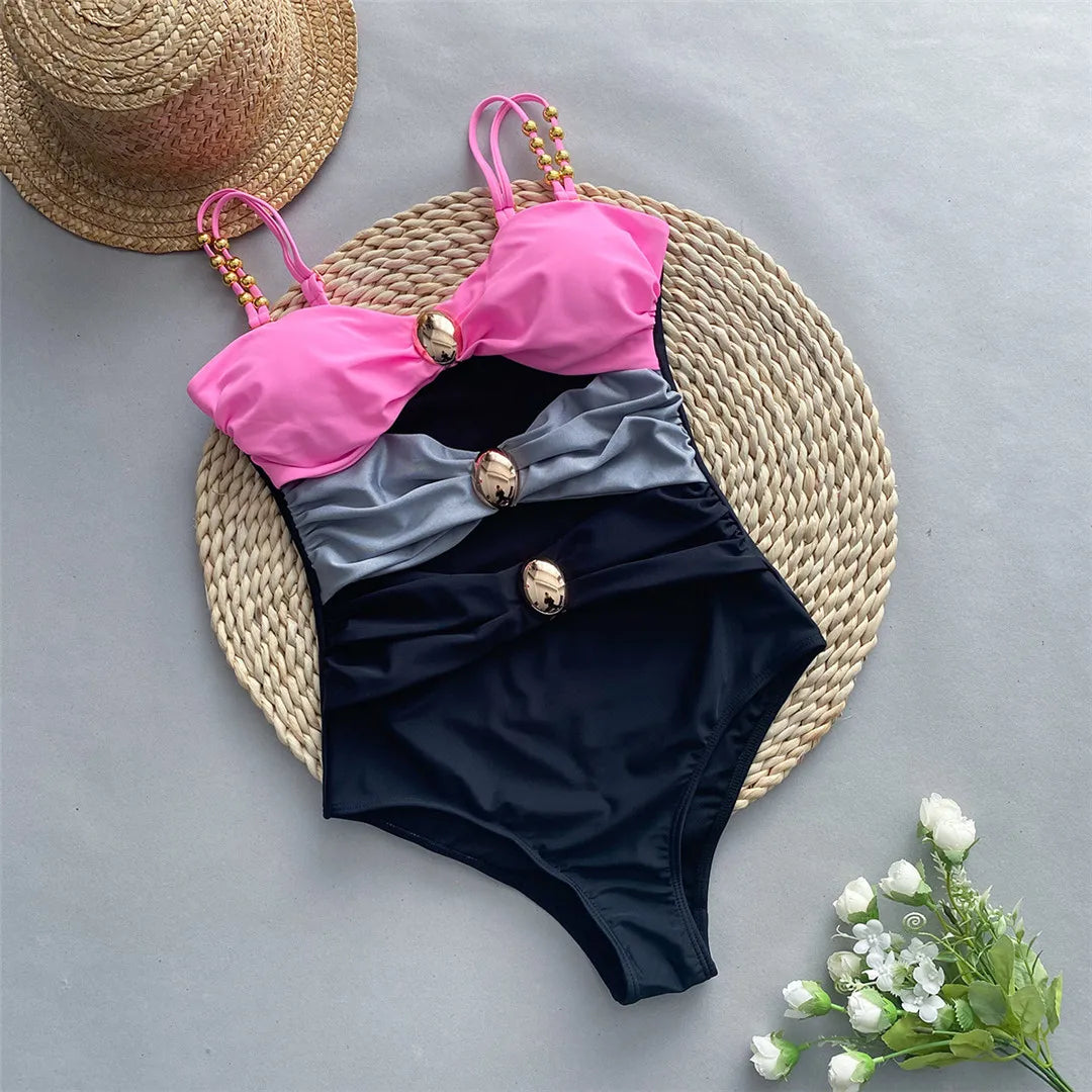 Splicing Knotted Skirt Monokini Swimsuit Black
