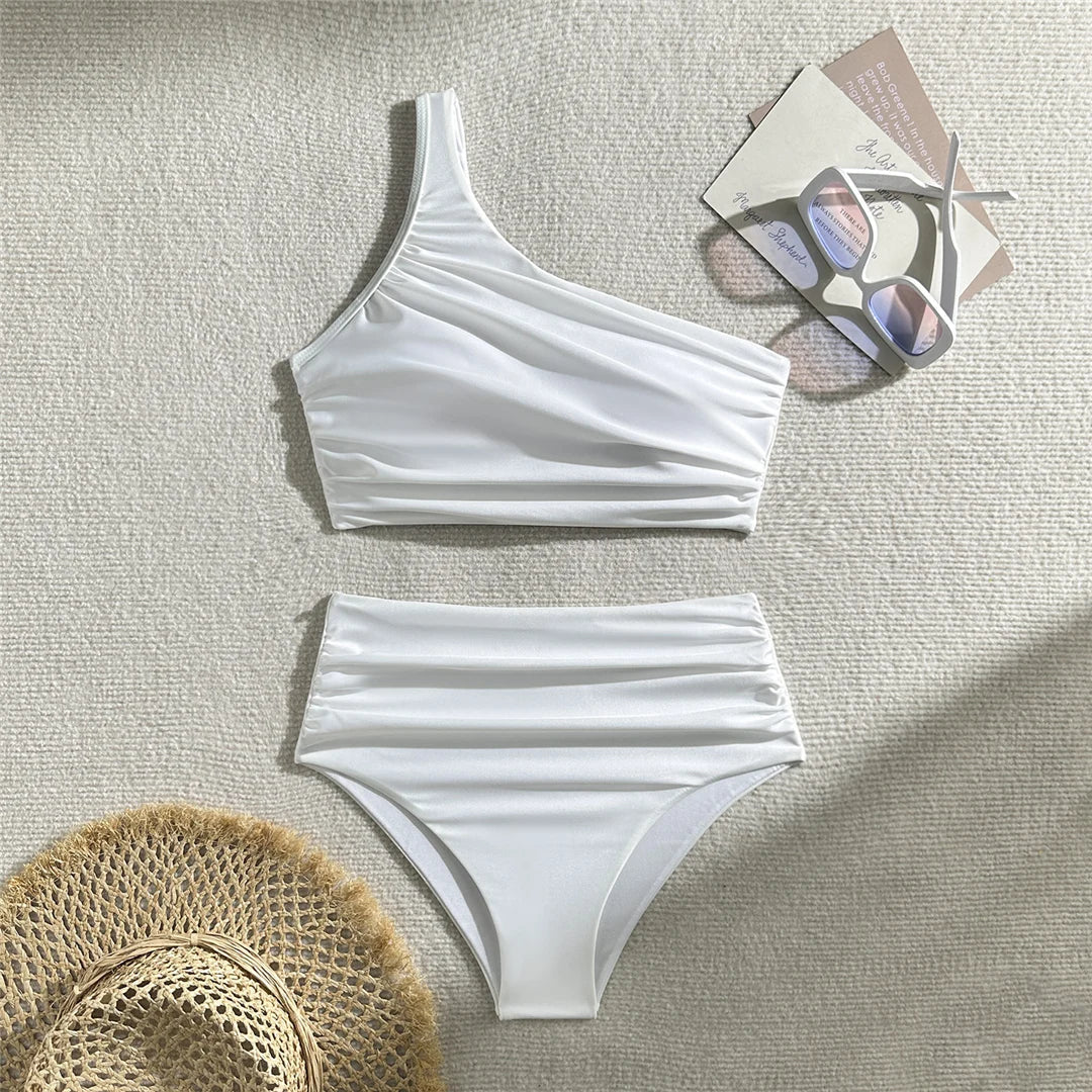 Wrinkled One Shoulder High Waist Bikini White