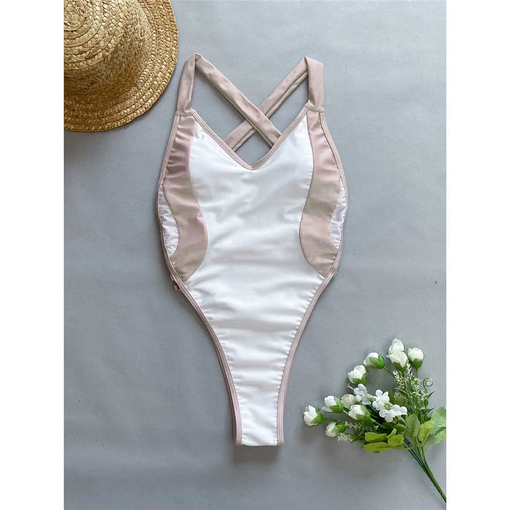 Splicing V Neck Cross Back Monokini White
