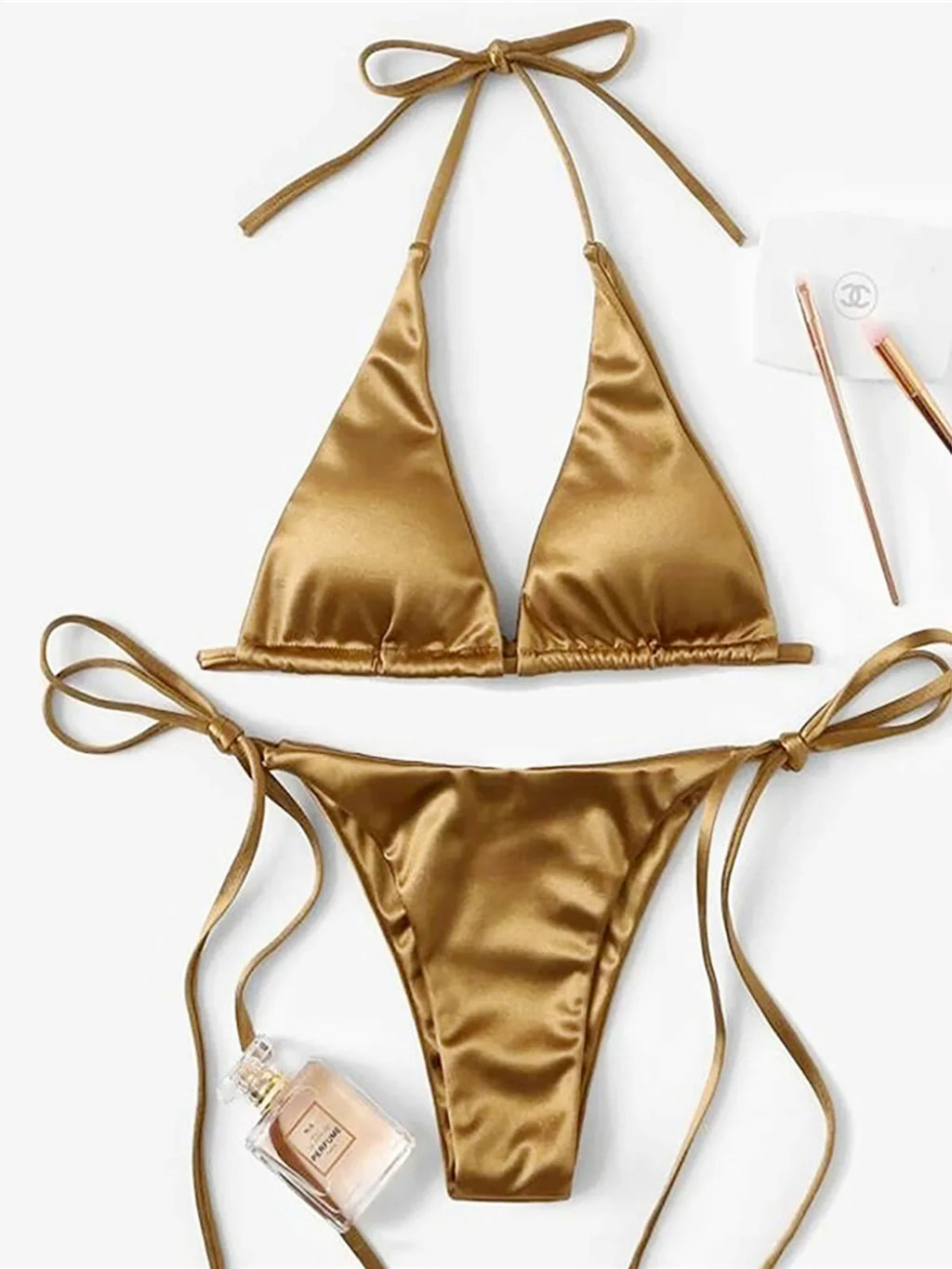 Satin Halter Brazilian Bikini Set Khaki
