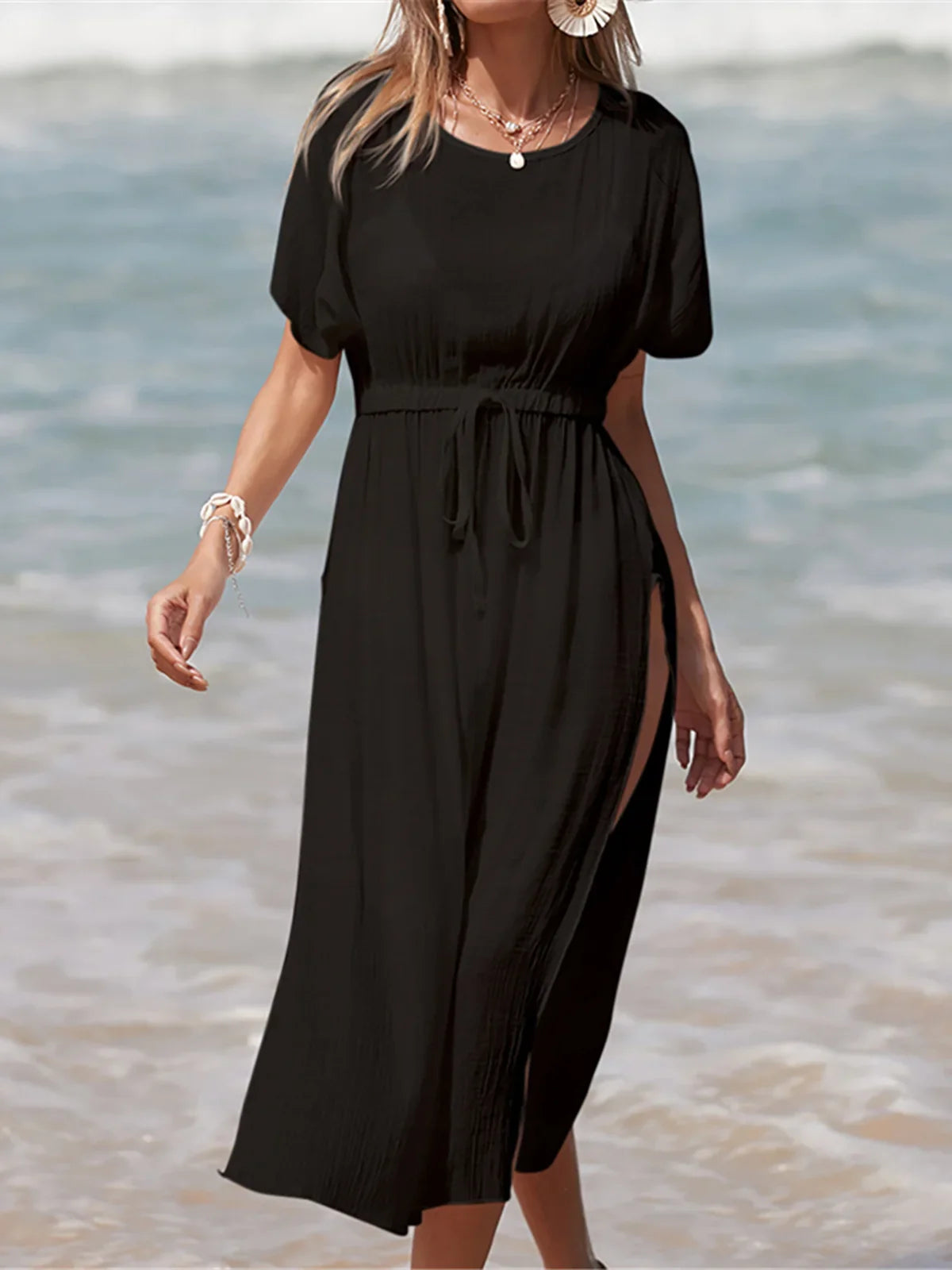 Short Sleeve High Split Crochet Tunic Cover-Up Black One Size