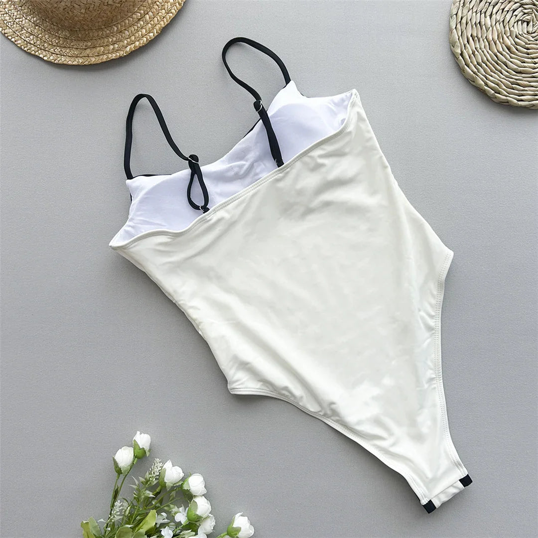 Splicing Solid High Leg One Piece Swimsuit