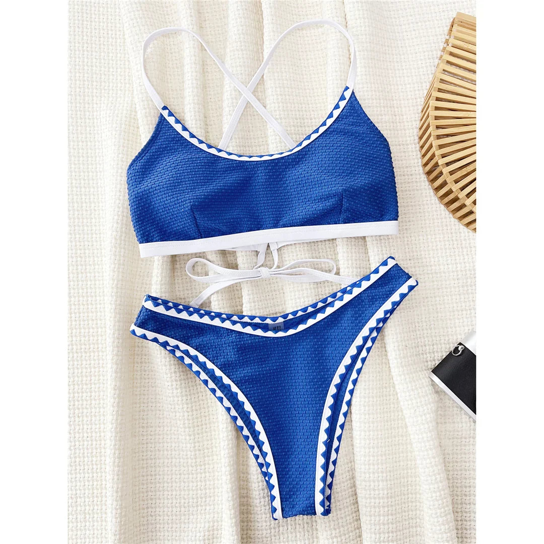 Cross Back High Leg Bikini Set Blue