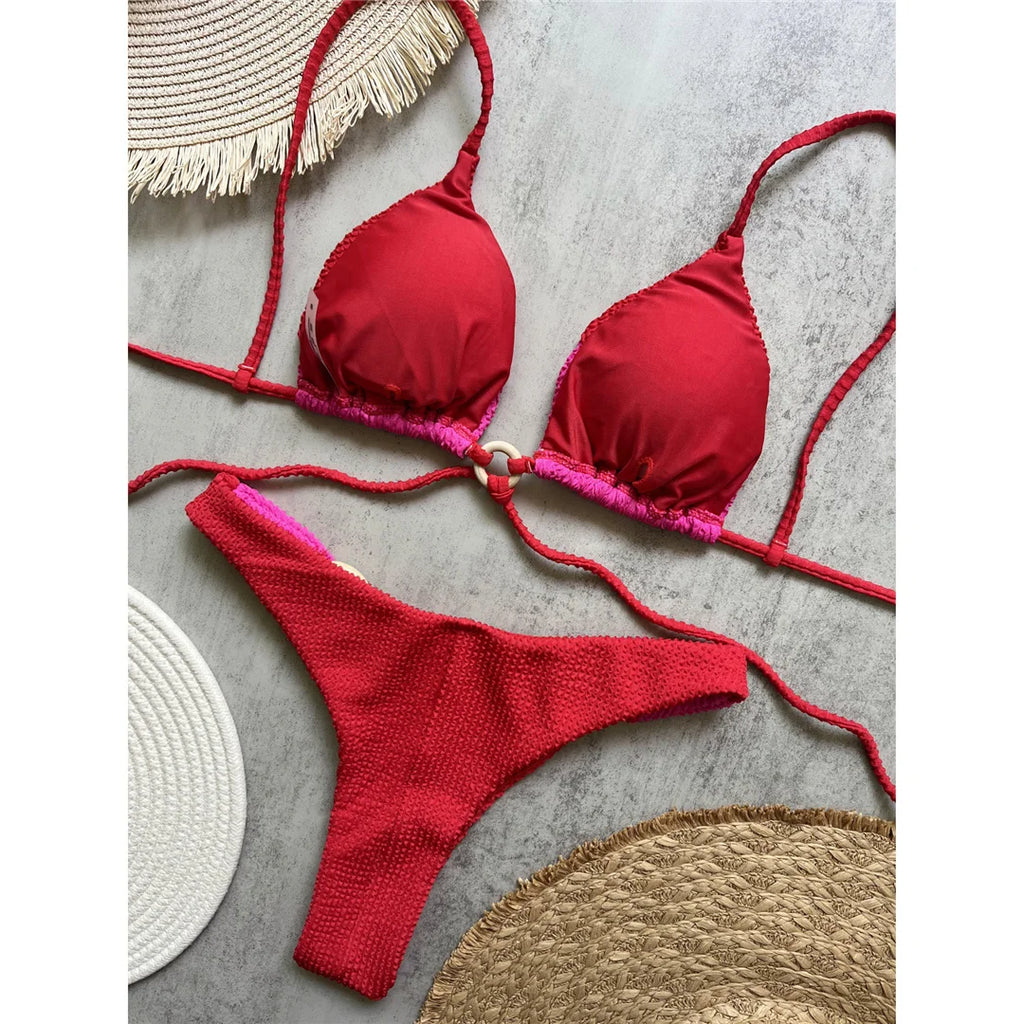 Crinkled Splicing Brazilian Bikini Set