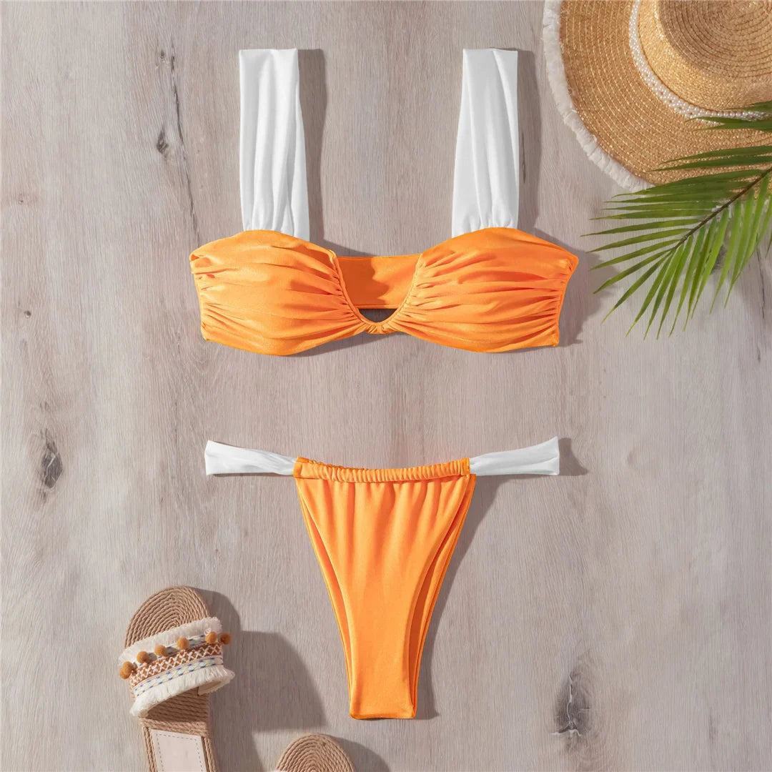 Wrinkled V Neck High Leg Bikini Set Orange