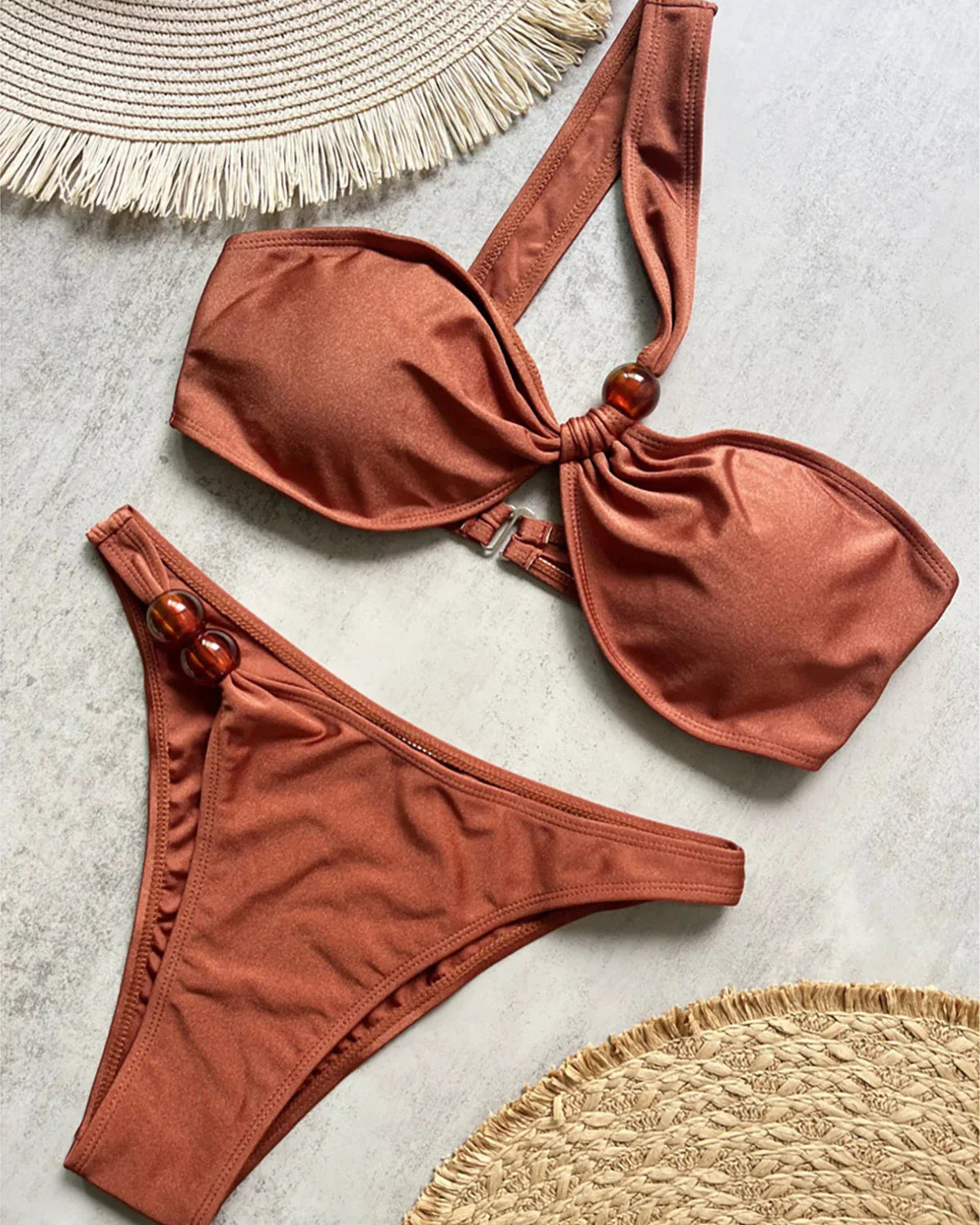 One Shoulder High Cut Bikini Set Brown