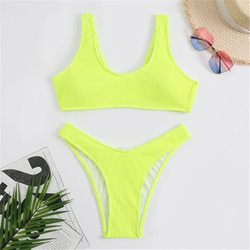 High Cut Wrinkled Bikini Set Yellow