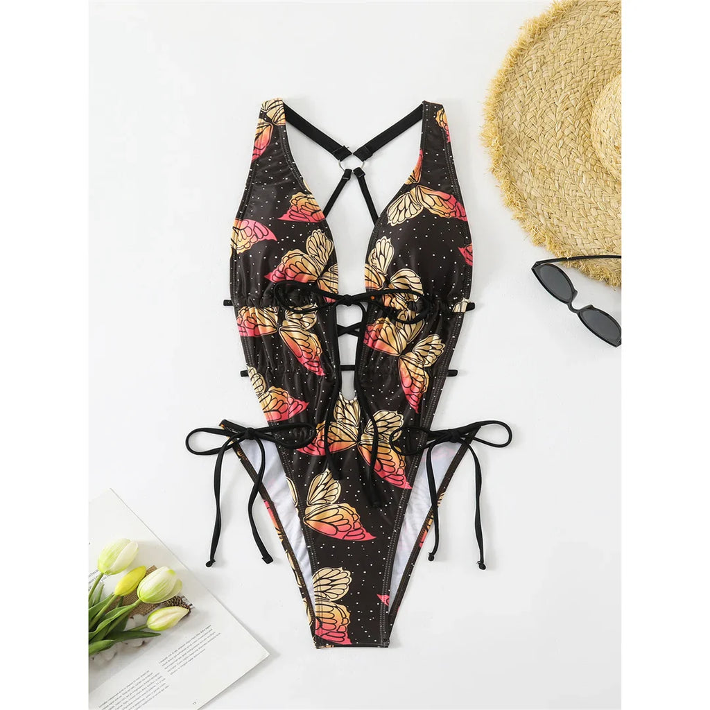 Butterfly Print Deep V Swimsuit Black