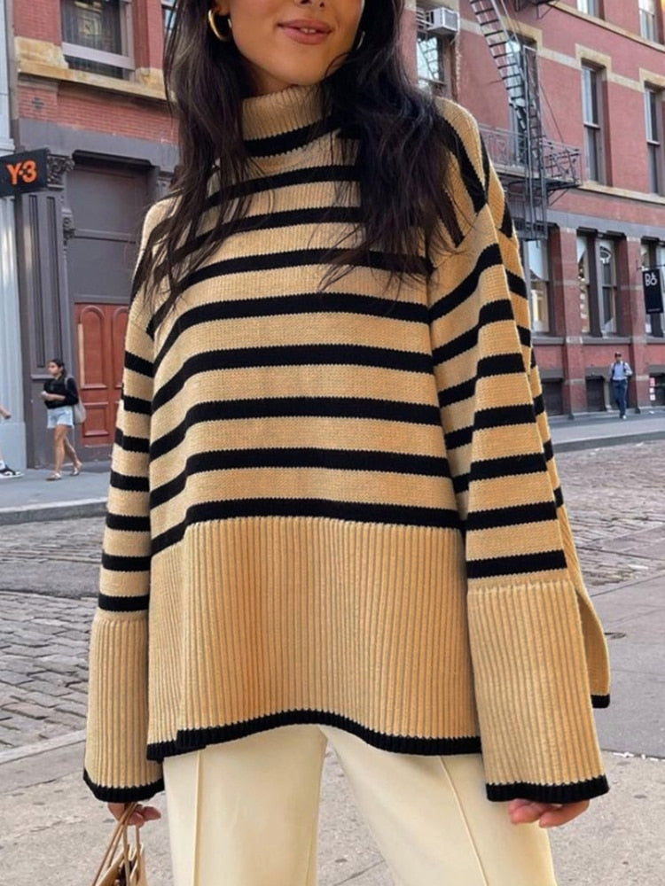 MARTA SWEATER Khaki black stripe