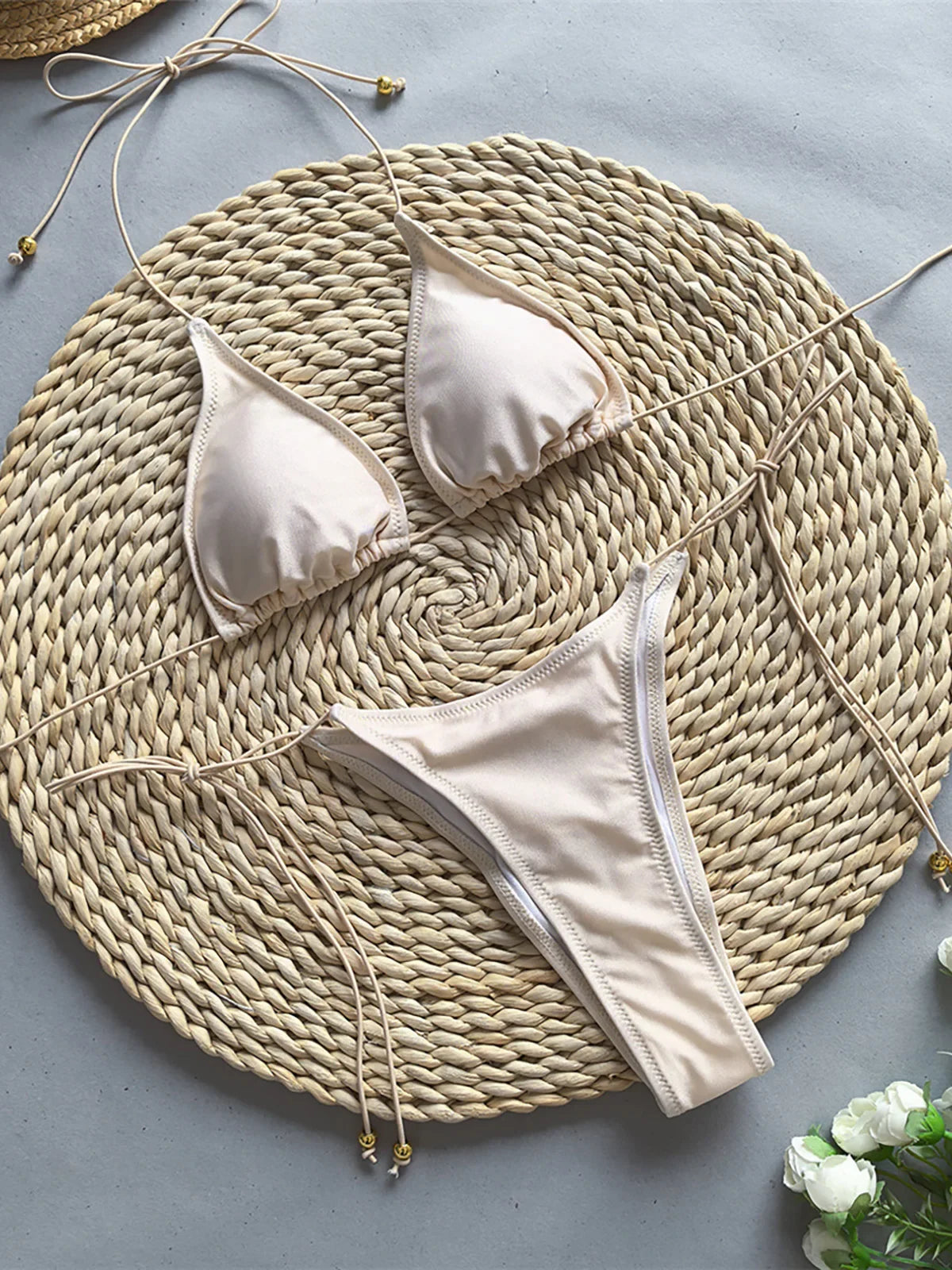 Halter Scrunch Butt Bikini Set Beige Bikini