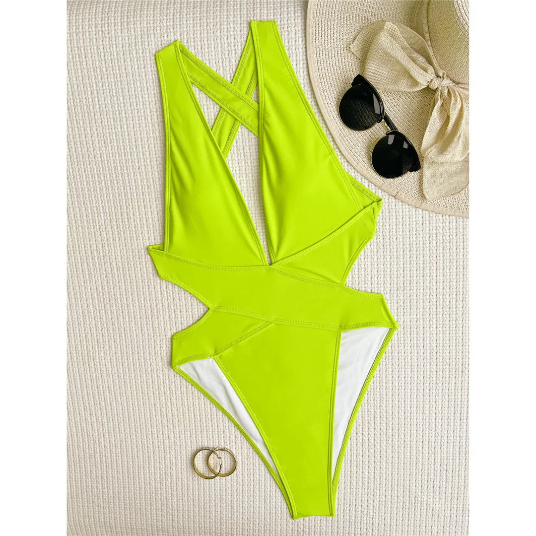 Deep V Neck Cross Back Swimsuit Neon Green