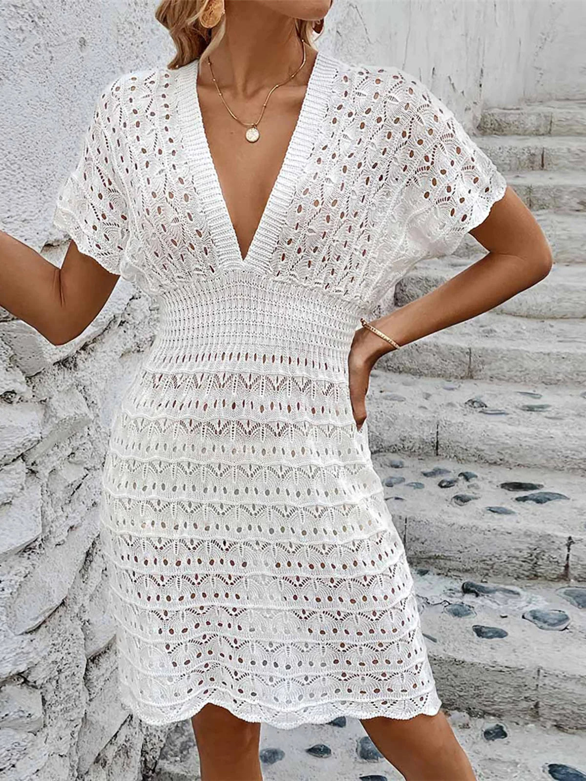 Short Sleeve V Neck Crochet Tunic White