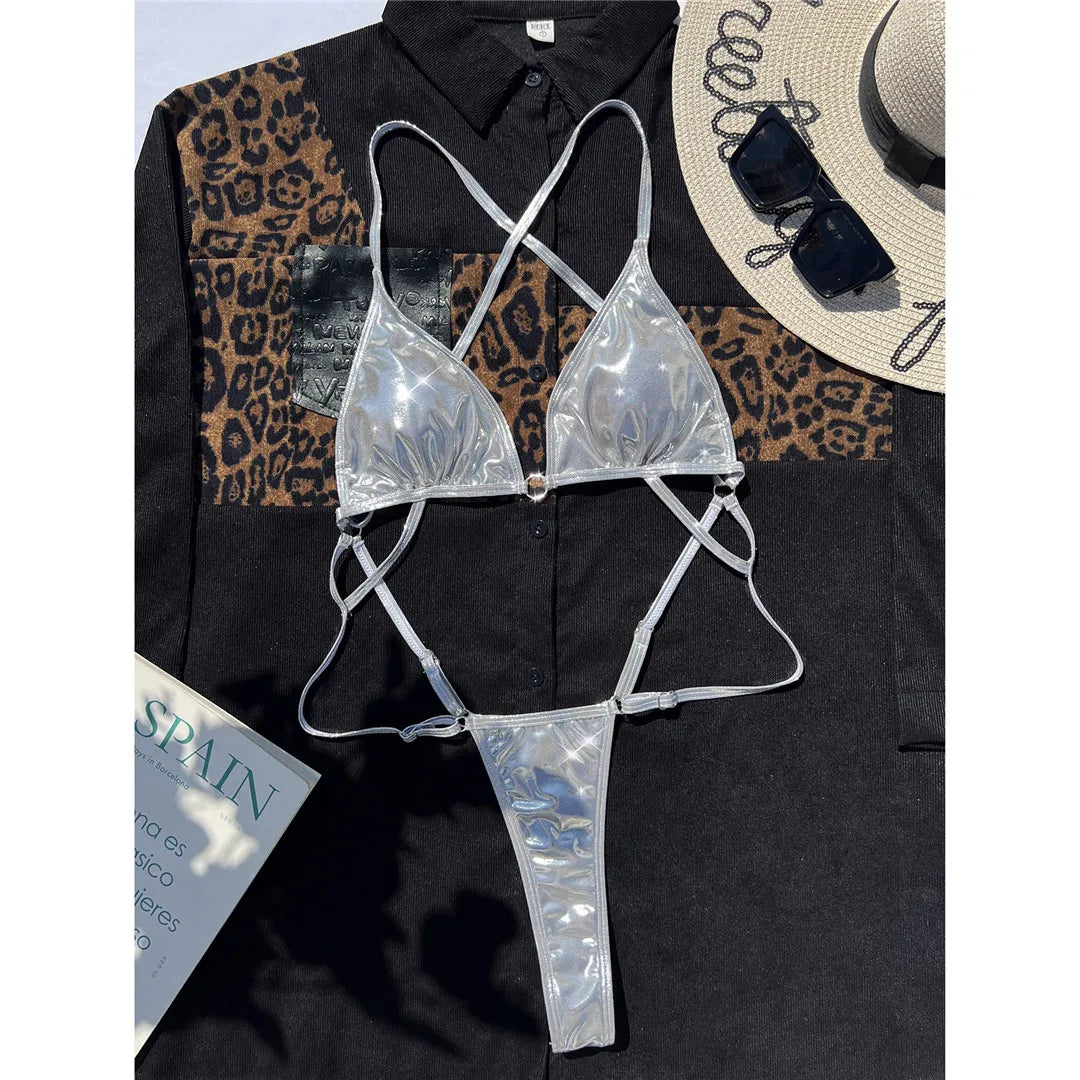 Silver Leather String One Piece Swimsuit Silver